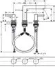 Technische Zeichnung einer hansgrohe Finoris 3-Loch Waschtischarmatur mit Maßen und Anschlussdetails, einschließlich Druck- und Wasseranschlüssen.